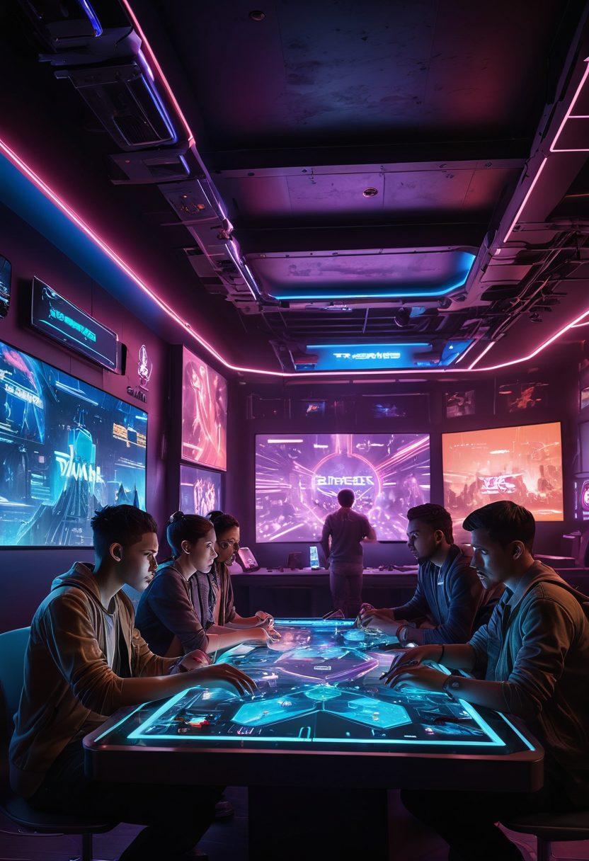 A dynamic gaming community scene featuring diverse players engaged in conversation around a futuristic table with holographic game stats and analytics. Show vibrant gaming peripherals and posters on walls representing various genres. Include elements of camaraderie, excitement, and strategy in their expressions. The background should have soft neon lighting to evoke a modern gaming hub atmosphere. highly detailed. cyberpunk. vibrant colors.