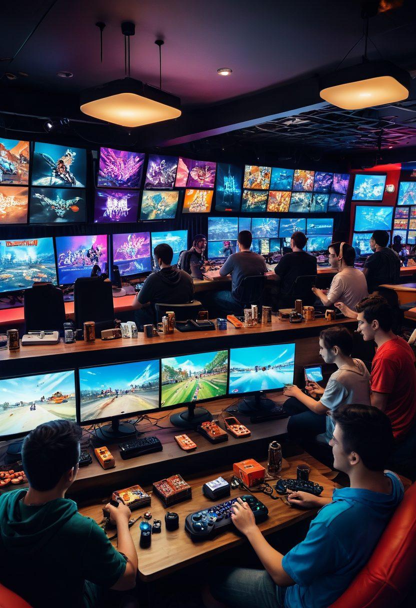 A dynamic scene showcasing diverse gamers in an immersive environment, surrounded by game consoles, vibrant screens displaying various game graphics, a cozy setting with snacks and drinks, and a visual representation of game ratings and tips floating around. super-realistic. vibrant colors. gaming aesthetic.